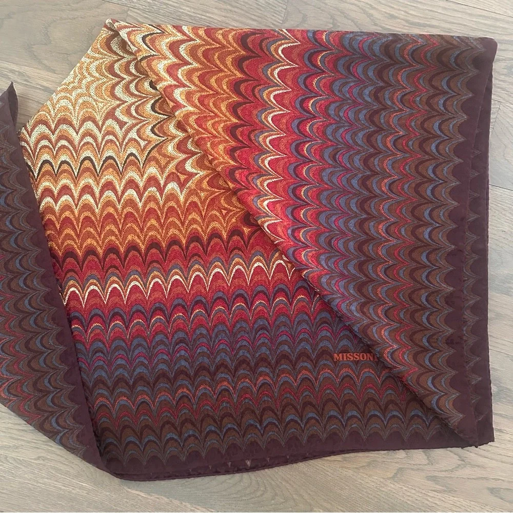 Vintage Missoni Marbled Silk Scarf in Red, Rust, Blue, Brown, Cream 33.5